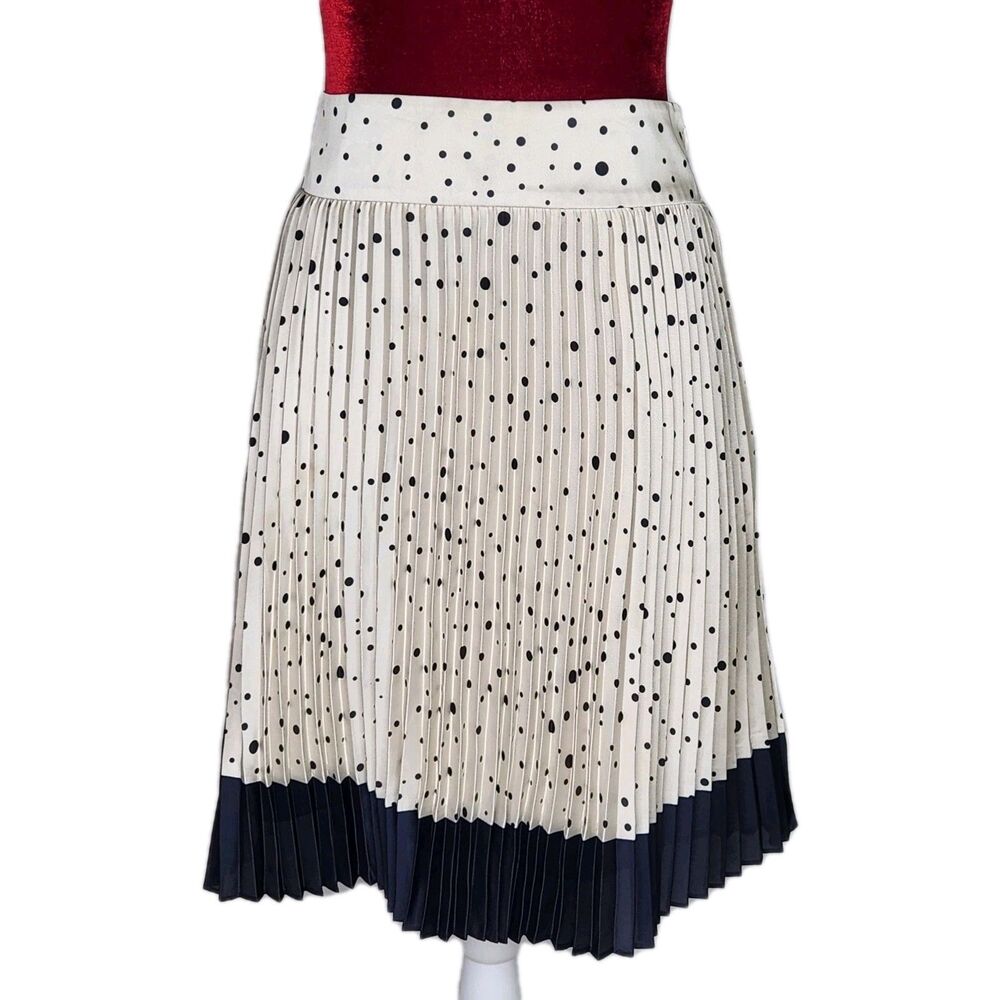 Ann Taylor Cream Pleated Polka Dot Midi Skirt Black Contrast Trim 2P French Girl